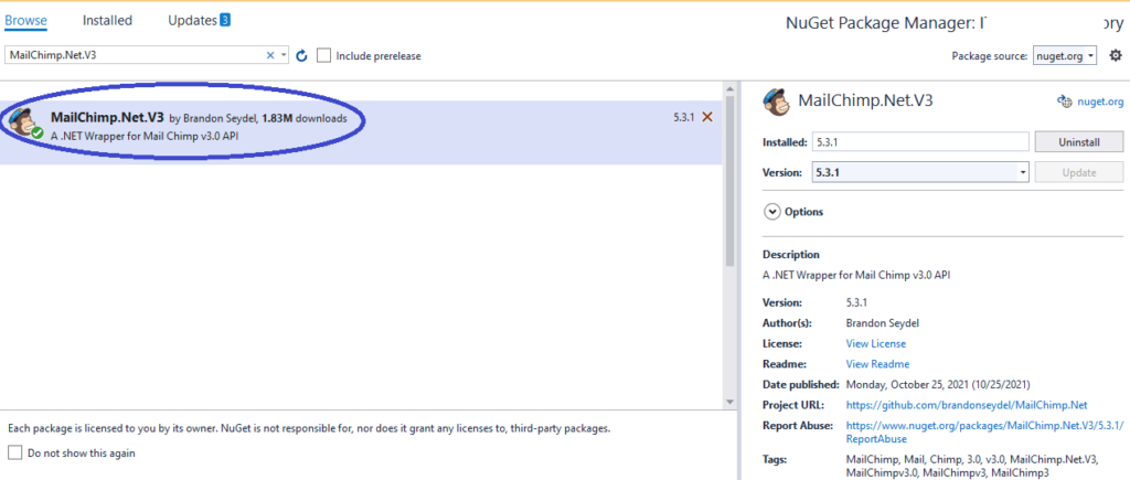 install MailChimp NuGet package